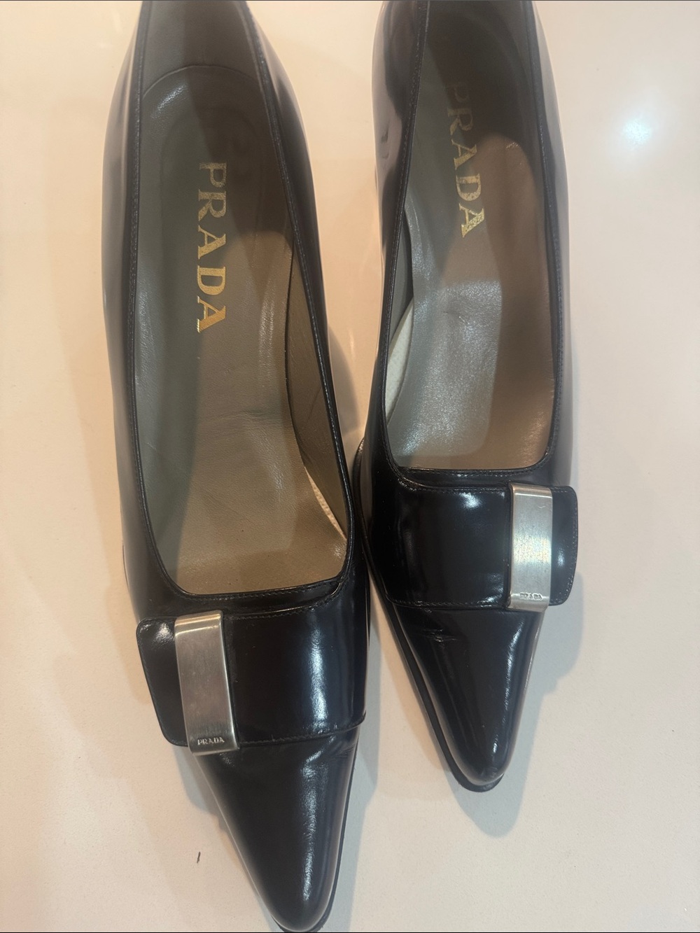 Prada Black Patent Leather Pointed Toe Mid Block Heel Pumps - Picture 10 of 17
